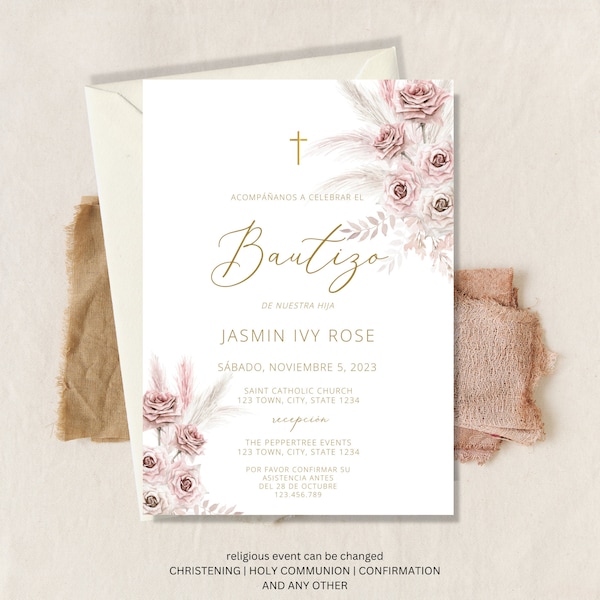 Invitacion de Bautizo, Pampas boho spanish bautizo invitation, Invitaciones Bautizo, Classic Baptism, Mi Bautizo, Spanish Baptism Invitation