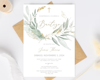 May include: A green and gold baptism invitation with a cross, a wreath of leaves, and the text "Bautizo" in gold script. The invitation includes the name "James Thomas", the date "Sábado, Noviembre 5, 2024", and the text "religious event can be changed".