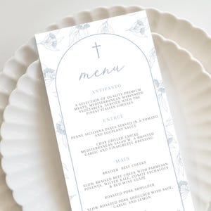 Blue baptism Menu Template add Guest Names, Greenery Baptism Place Card Dinner Menu, BAPTISM Printable, Digital Download Blue Eucalyptus
