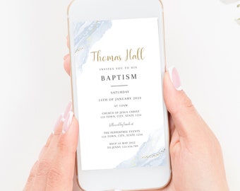 May include: A blue and gold baptism invitation with a watercolor background. The invitation is for Thomas Hall's baptism on January 15th, 2023 at 10am at the Church of Jesus Christ. The invitation includes the address of the church and the details for the reception at The Peppertree Events. The RSVP date is May 10th, 2022.