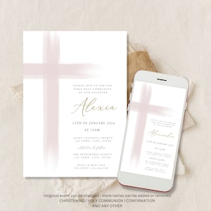 First Holy Communion Invitation Girl, Girls Communion Invitation Template, Pink Communion Invite Template, Girls Pink Text pink cross