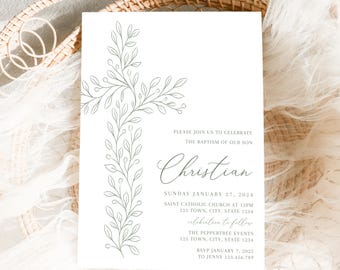 Sage Baptism Invitation for boy, Modern Christening Invitation, Green Baptism Invitation Template, Green Christening Invite Template floral