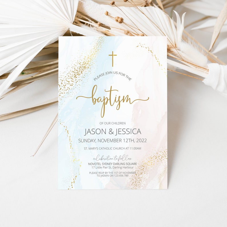 Joint Sibling Baptism Invitation, Printable Christening Invite , Watercolor Baby Dedication, Boy Girl Religious Holy Communion zdjęcie 1