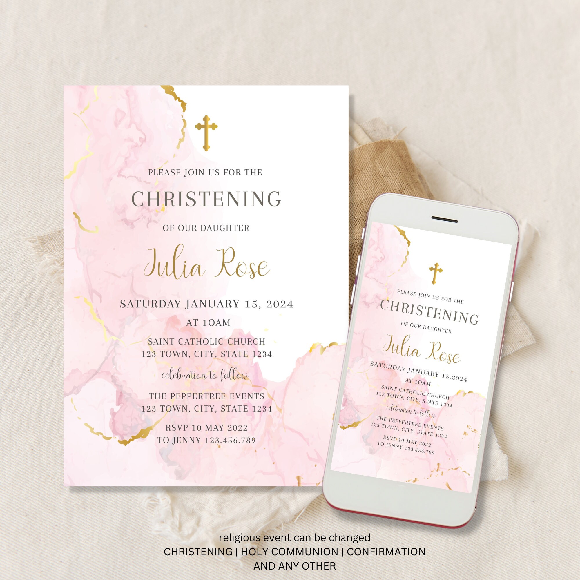 Orthodox Christening Invitation, Girl Baptism Invitation Template, Pink Christening Invite Template, Pink Watercolor Girls Pink Gold Evite