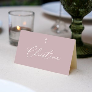 Dusty Pink Editable Place Card Template, 3.5x2" Folded, Simple script font , DIY Printable card, baptism placecard