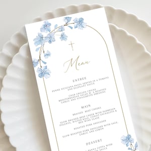 Blue Baptism Menu, Floral Blue Christening Menu, Religious Menu for baptism decor, Blue menu with gold, "4 x 9" DIY Printable menu add name