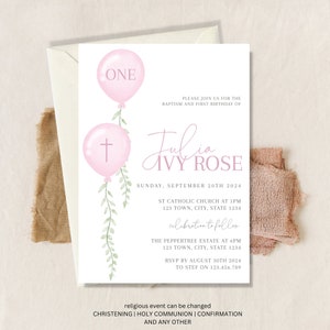 First birthday and Baptism invitation girl, Birthday Christening Invite, Electronic baptism invite, Girls Pink First Birthday Joint Invite