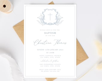 Vintage Floral Baptism Invitation Boy or Girl Flower Christening Invitation Dusty Blue Template, Crest Baptism Invitation with Cross in Blue