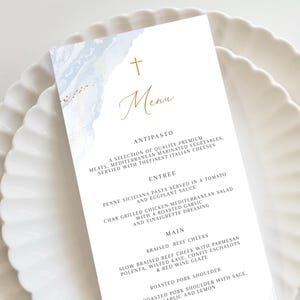 Blue Baptism Menu, Dusty Blue Christening Menu, Religious Menu for baptism decor, Blue menu with cross, "4 x 9" DIY Printable menu add name