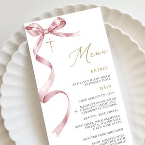 Pink Baptism Menu, Dusty Pink Christening Menu, Religious Menu for baptism decor, Pink bow menu with cross, "4 x 9" DIY Printable menu