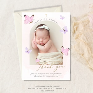 Thank you card Baptism Girl, Christening thank you card, Baptism with photo thank you, Printable Christening, digital girl thank you card