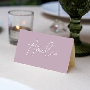 Dusty Purple white Editable Place Card Template, 3.5x2&quot; Folded, Simple script font , DIY Printable  card bap593