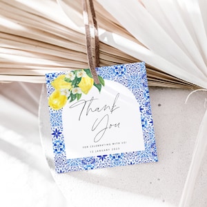 Blue Tiles Lemon Bridal Shower Tag, Santorini Poster,  Mediterranean Bridal Shower, Italian Tile Bridal, Positano Printable Poster