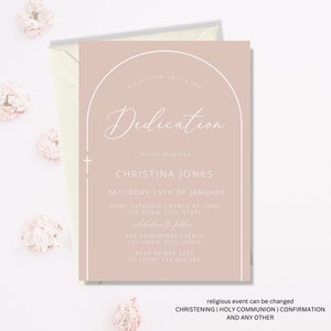 Dedication Invitation Girl, Baptism Invitation, Arch Dusty Pink Modern Invitation, Pink Christening Invitation, Holy Communion Printable