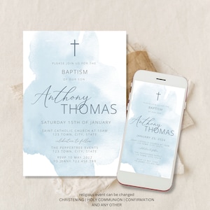 Baptism invitation boy, Navy Blue Boy Invitation, Christening Boy Invitation Template, Baptism digital download, electronic baptism invite