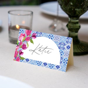 Santorini Blue Tiles Bougainvillea Editable Place Card Template, 3.5x2" Folded , DIY Printable  card - bougainvillea place card