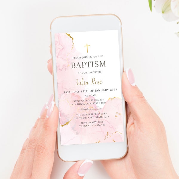 Baptism Invitation, Girl Christening Invitation Template, Pink Christening Invite Template, Pink Watercolor Girls Pink Gold Evite