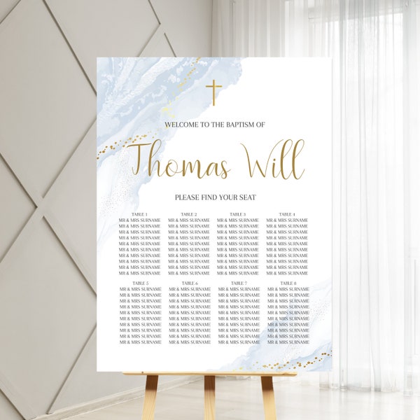 Dusty Blue Baptism Seating Plan Template, Printable Modern Christening Sign, Editable Blue Boys Table Chart, Instant Download Seating Poster