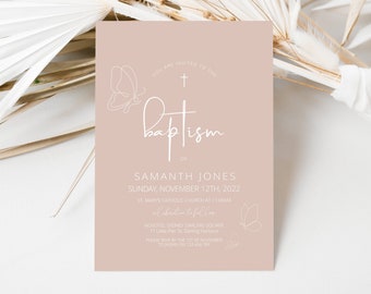 Christening Invitation Girl, Baptism Invitation, Dusty Pink, Pink butterfly, Printable Invitation, Christening Invitation, Holy Communion