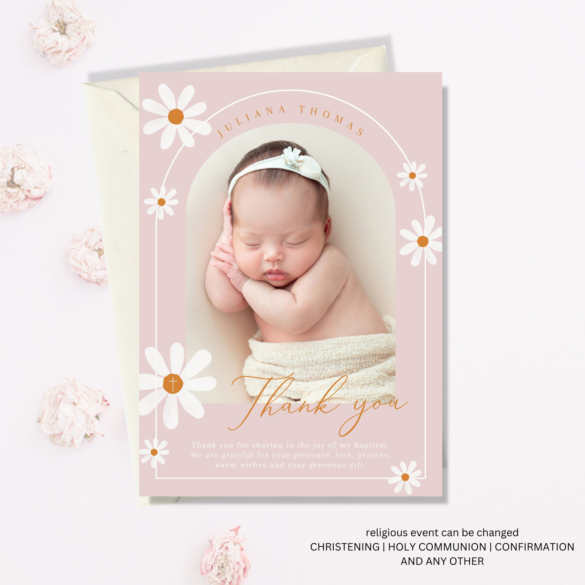 Boho Daisy Pink Baptism Thank You Card, Thank You Christening Card