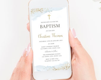 Modern Baptism Invitation, Boy Baptism Invitation Template, Blue Christening Invite Template, Blue Watercolor Boys Blue Gold Evite