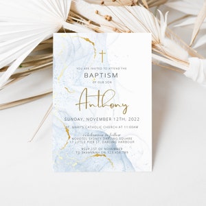 Digital Boy Baptism Invitation, Christening Invite , Blue Watercolor, Boys Blue Gold Invite, Baptism Invite, Holy Communion digital download