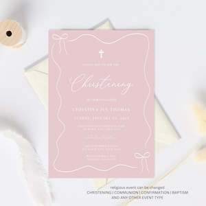 Pink Orthodox Christening Invitation Girl, Pink Orthodox Christening Invitation, Bow Baptism Invite Printable, Pink Christening Invitation