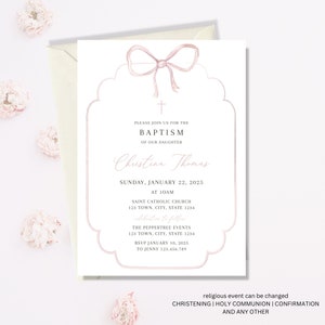 Dusty Pink Baptism Invitation Girl, Christening Invitation, Pink bow Baptism Invite Printable, Pink Christening Invitation, Holy Communion