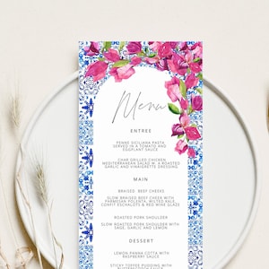 Blue Tiles Greece Menu Bougainvillea Digital menu, Santorini Theme Wedding Menu  , dinner menu, italian tiles menu Menu Printable