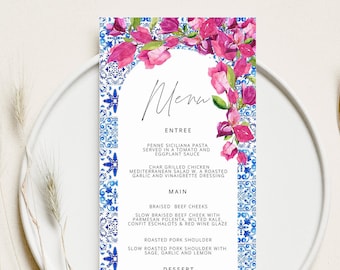 Blue Tiles Greece Menu Bougainvillea Digital menu, Santorini Theme Wedding Menu  , dinner menu, italian tiles menu Menu Printable