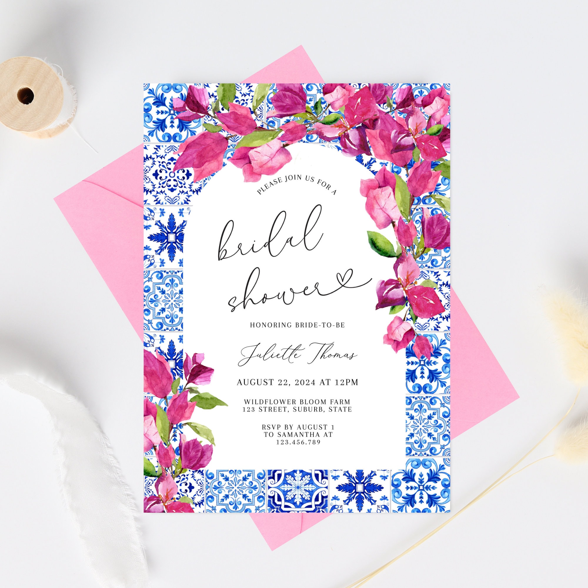 Mediterranean Bridal Shower Invitation Template, Italian Blue Tiles Bridal Shower Invite, Bougainvillea Blue tiles Invite Instant Download