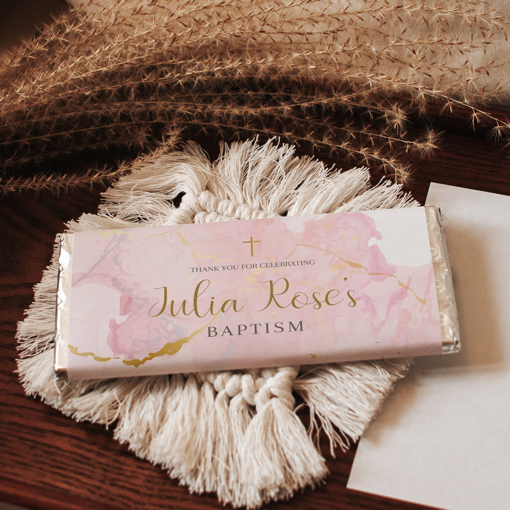 Pink Chocolate Bar Wrapper Template, Modern Baptism Candy Bar Wrapper ...