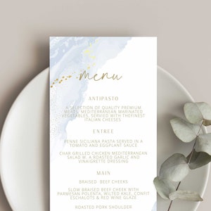 Blue Baptism Menu, Dusty Blue Christening Menu, Religious Menu for baptism decor, Blue menu with cross, "4 x 9" DIY Printable menu add name