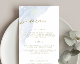 Blue Baptism Menu, Dusty Blue Christening Menu, Religious Menu for baptism decor, Blue menu with cross, &quot;4 x 9&quot; DIY Printable menu add name