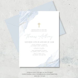 Christening Invitation Boy, Baptism Invitation, Blue and Gold, Light Blue Watercolour, Printable Baptismal Invitation, Blue Gold Christening