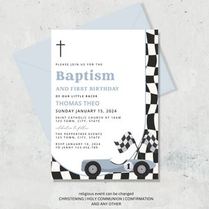 Boy Baptism and first birthday Invitation, Christening Invite, Boys Vintage race car Checkered Invite, Baptism Our little racer Invitation