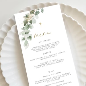 Green baptism Menu Template add Guest Names, Greenery Baptism Place Card Dinner Menu Watercolor, Printable Digital Download green Eucalyptus