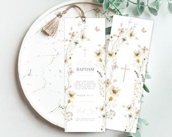 Baptism Bookmark template, Personalized Baptism Bookmark, Wildflower Baptism Bookmark, Custom Bookmark Keepsake, Printable Christening Favor