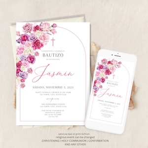 Invitacion de Bautizo, Bautizo Invitation In Spanish, Invitaciones Bautizo, Classic Baptism, Mi Bautizo, Religious Invitation, Pink Invite