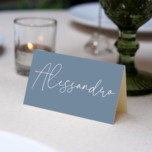 Place Cards Template, Dusty Blue Place Cards, Editable Place Cards Name, Baptism Place card blue folded, Wedding placecards Dusty Blue card