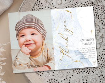 Boy Baptism PHOTO thank you card, Christening Thank you , Blue photo card, Boys Blue Thank you card, Blue Thank you for celebrating baptism