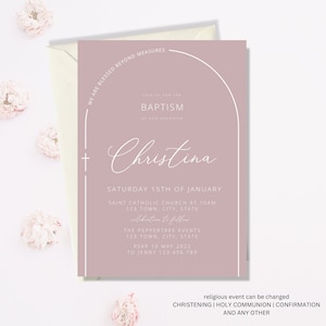 Baptism Invitation Girl, Christening Invitation, Arch Dusty Pink Rose Invitation, Pink Christening Invitation, Holy Communion Printable