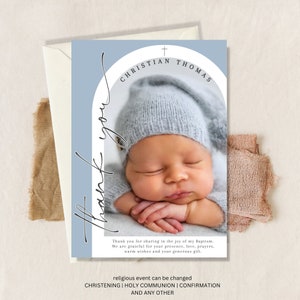 Boy Baptism PHOTO thank you card, Christening Thank you , Dusty Blue card, Boys Blue Thank you card, Blue Thank you for celebrating baptism