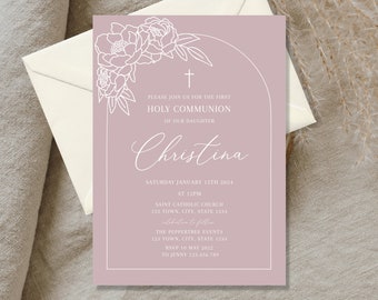 Holy Communion Invitation Template, Dusty Pink First Holy Communion invite, Girl Communion Invite Download,  Girl Invitation Peony Invite
