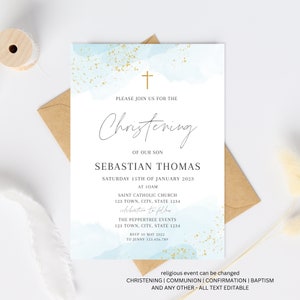 Christening Invitation Boy Template, Printable Light Baby Blue Watercolor Baptism Invite, Blue Boy Christening, Baptism Evite