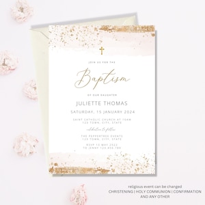 Baptism Invitation Girl, Beige Blush Baptism Invite, Blush Christening Invite, Orthodox Baptism invitation, Orthodox cross baptism for girl