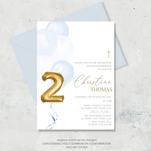 Baptism and second birthday invitation boy, Blue Balloons Birthday Invite and Baptism Second Birthday, blue 2nd birthday Christening Invite