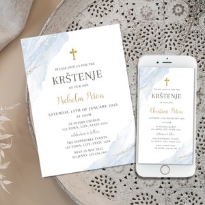 Orthodox Christening Invitation, Boy Baptism Invitation Template, Blue Croatian Krštenje Invite Template, Blue Orthodox cross Boys Blue