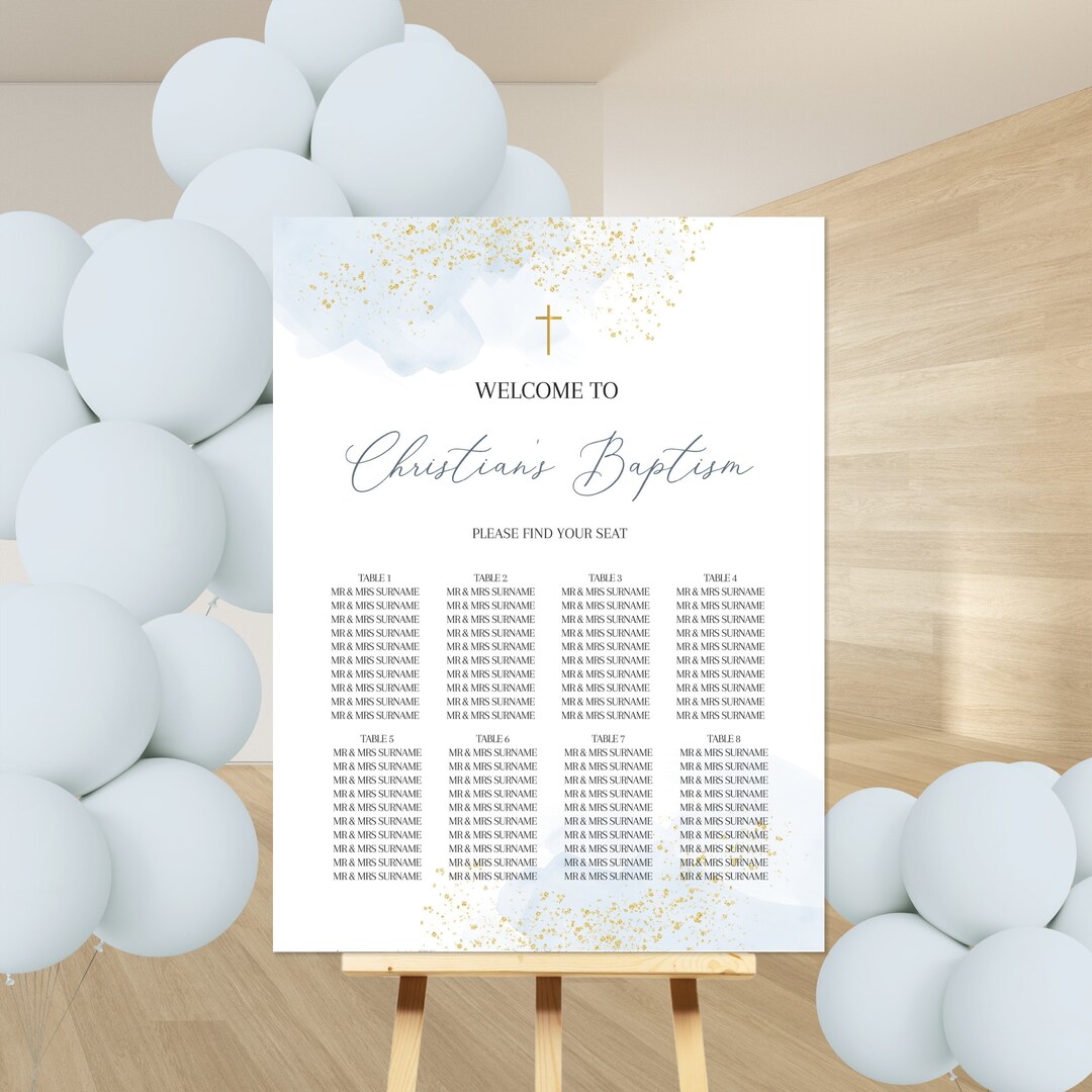 Dusty Blue Baptism Seating Plan Template, Printable Modern Christening ...