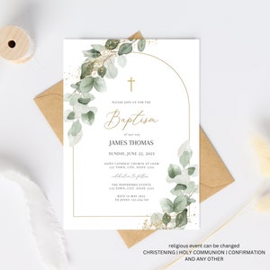 Baptism Invitation Green Eucalyptus, Baptism Invitation Boy, Baptism Invitation, Editable Template Instant Download, Eucalyptus Arch baptism